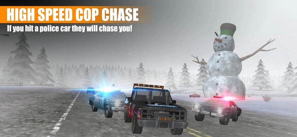 Circuit: Demolition 2 - A high speed police chase gameplay scene in a snowy landscape with a giant snowman