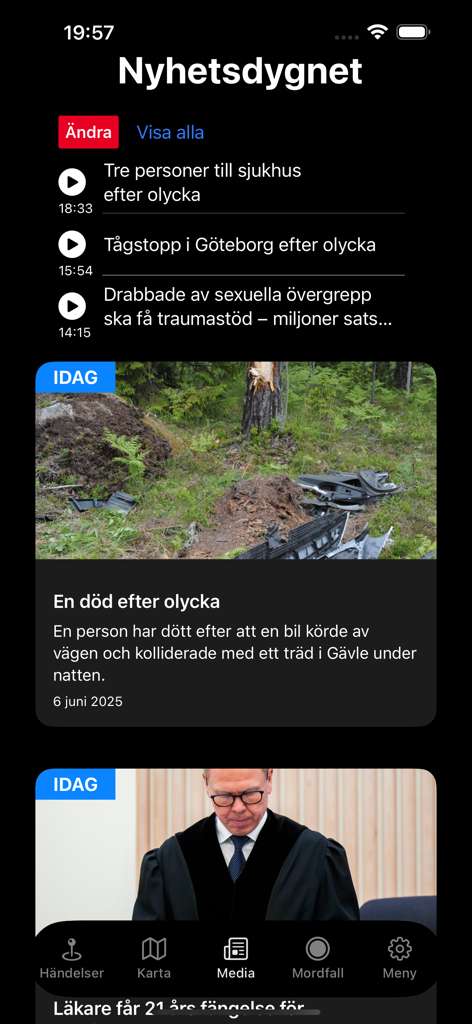 Blåljus  – True Crime Podcasts - Daily news feed in the Blåljus app showing Swedish crime and accident reports