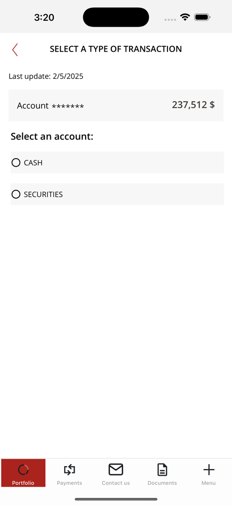 Banorient Suisse - Banorient Suisse app interface showing account balance and options to select cash or securities accounts