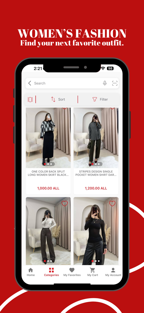 Klaudio Fashion - A mobile app interface displaying a curated collection of women's boutique fashion items including skirts and shirts.