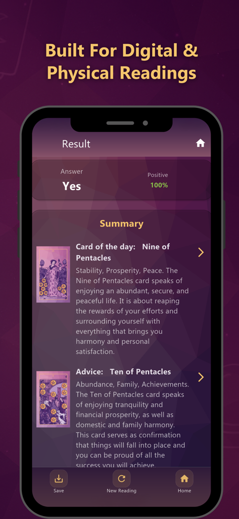 Meu Tarot - Schermata dell'app Meu Tarot che visualizza un risultato di lettura positivo con le carte Nove di Denari e Dieci di Denari