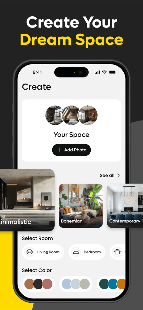 AI Interior Design, Renovation - Decorium app screen for creating AI interior designs with room style and color options