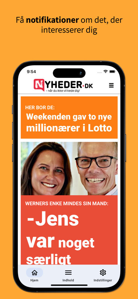 Nyheder.dk - Interfaz de la aplicación móvil Nyheder.dk mostrando artículos de noticias daneses y un titular sobre la recepción de notificaciones personalizadas