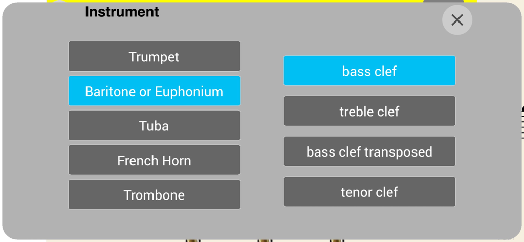 Brass Up! - Brass Up 앱의 악기 및 클레프 선택 메뉴, 트럼펫 및 바리톤과 같은 옵션 표시