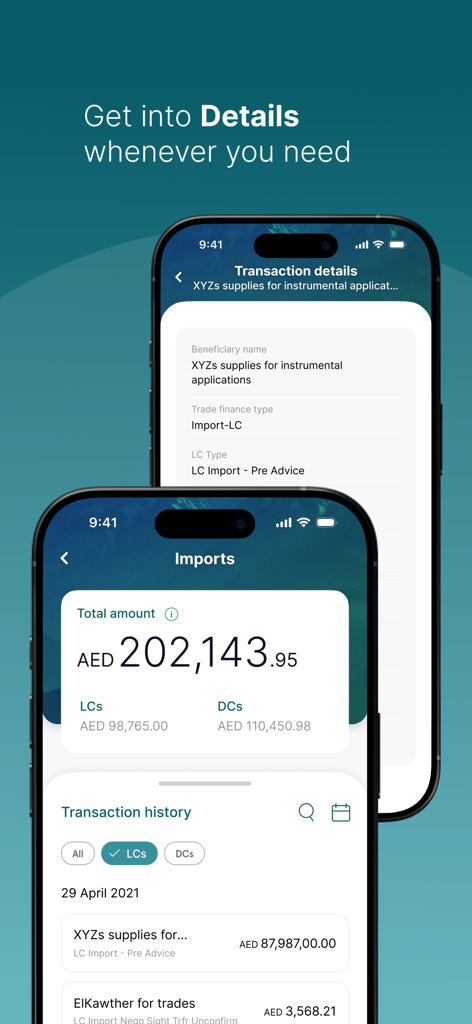 AAIB Business app interface showing imports total amount and detailed transaction history.