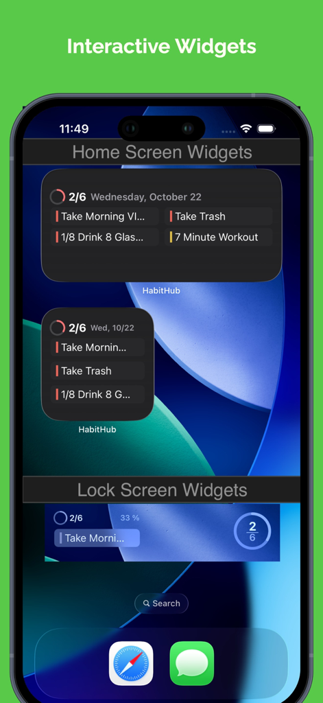 Habit Hub: Routine & Schedule - Widgets interactivos de Habit Hub en la pantalla de inicio y de bloqueo de un iPhone que muestran rutinas y tareas diarias