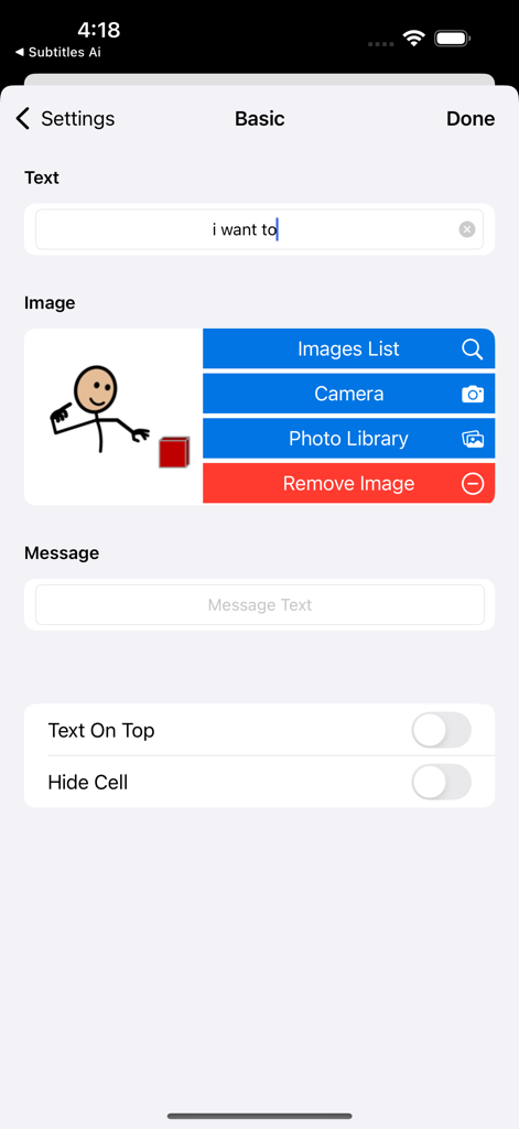 Die Einstellungsseite der iMyVoice-App zum Bearbeiten einer Kommunikationsboard-Zelle mit Text und Piktogrammen