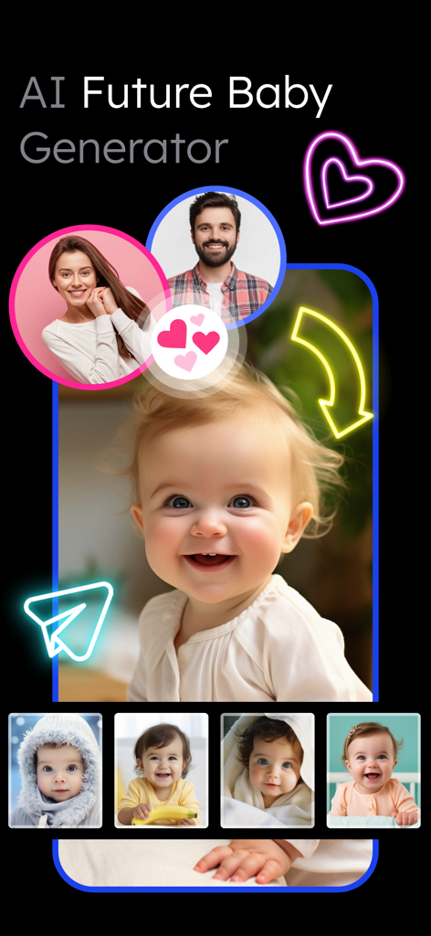 Interface of the Vidqu app showing the AI Future Baby Generator feature with photos of parents and a generated baby result.