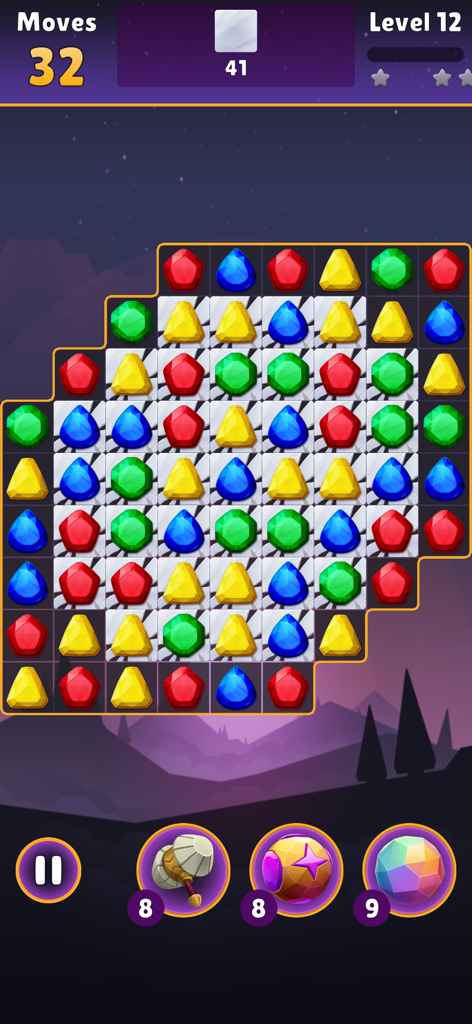 Jewel Quest - Magic Match3 - Gameplay screen of Jewel Quest Magic Match3 showing a puzzle grid with colorful gems and power-ups