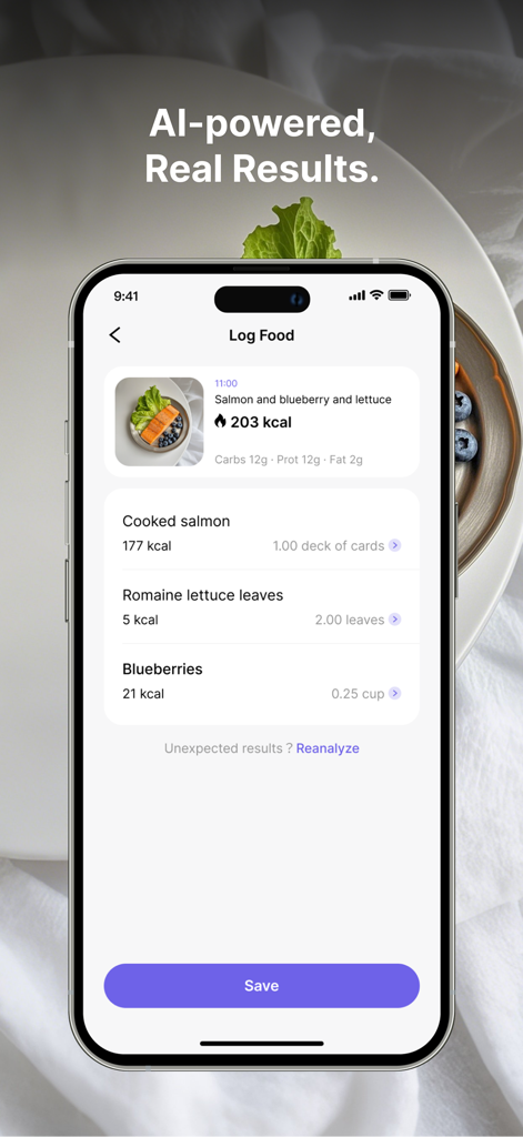 Calite AI - Calorie Counter - Calite AI app interface showing food logging results for salmon and blueberries with calorie and macro counts.