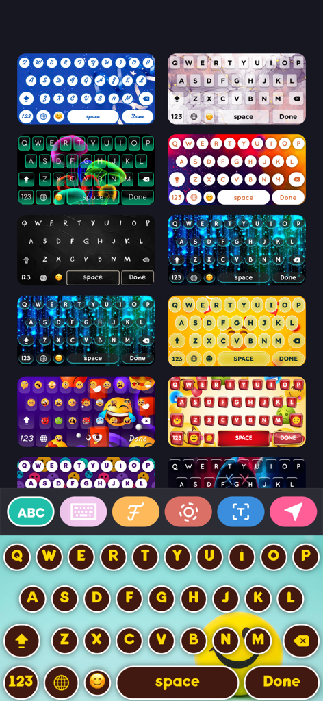 Fonts & Emoji Keyboard. - Una colección de varios temas de teclado personalizados coloridos y estéticos, incluyendo diseños de neón, purpurina y mármol
