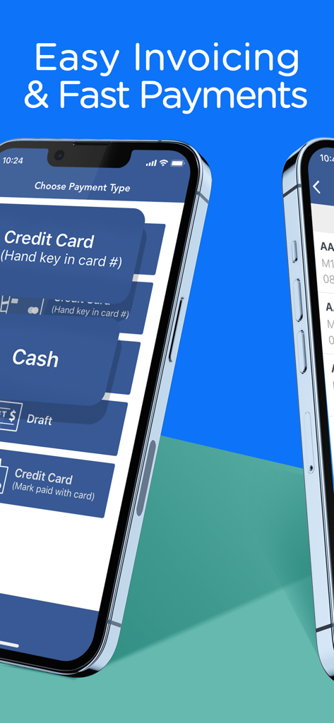Invoice ASAP: Field Service - Mobile app screen showing payment options including credit card and cash for field service invoicing
