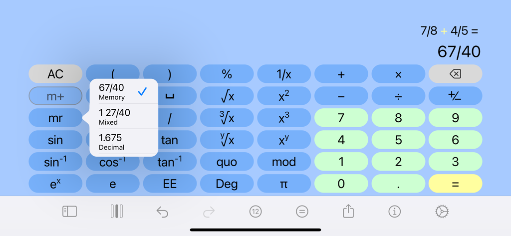 All in One Calculator app showing a fraction calculation with a popup menu for memory mixed and decimal result formats