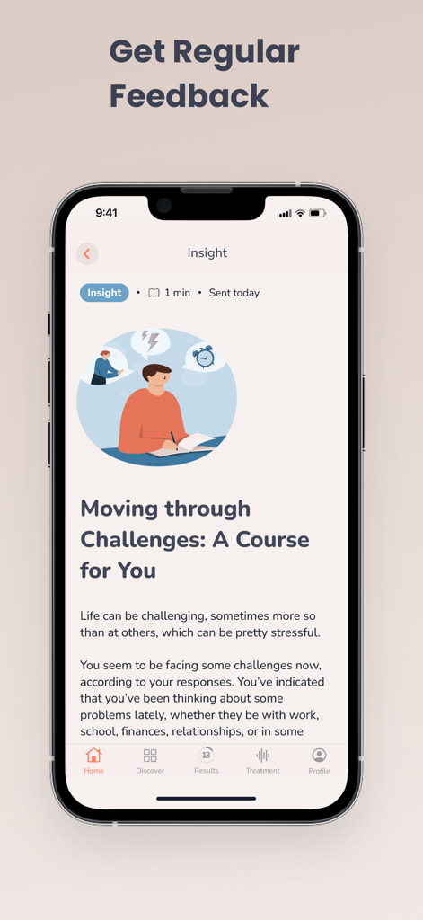 iPhone display of MindDoc app featuring a personalized mental health course titled Moving through Challenges for managing stress