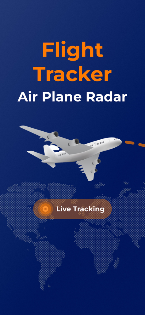 Flight Radar | Flights Tracker - Flight Tracker app welcome screen showing an airplane flying over a dotted world map with live tracking text