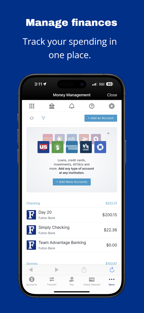 Smartphone screen displaying Fulton Bank's money management feature for tracking spending across multiple financial institutions.