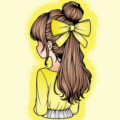 realistic girl  with hip length hair a bun and a big bow on the back of head
