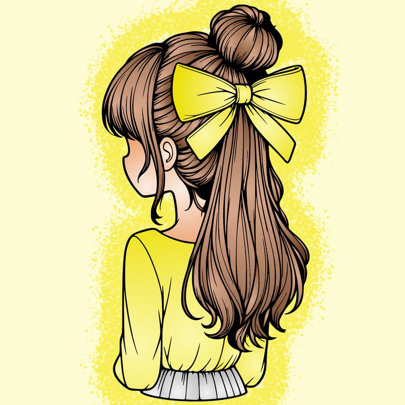 realistic girl  with hip length hair a bun and a big bow on the back of head