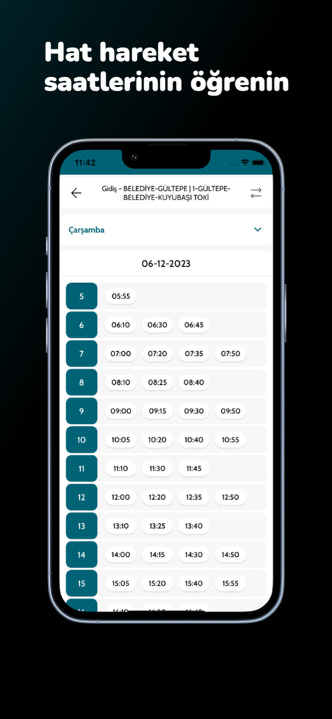 BATUS Batman Ulaşım Sistemleri - A mobile app screen showing the daily bus departure schedule for a transit route in Batman Turkey