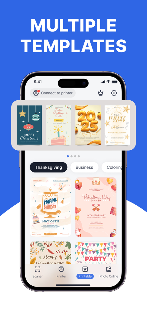 Smart Air Printer: Scan & Edit - Pantalla de smartphone mostrando varias plantillas coloridas imprimibles para días festivos y eventos especiales