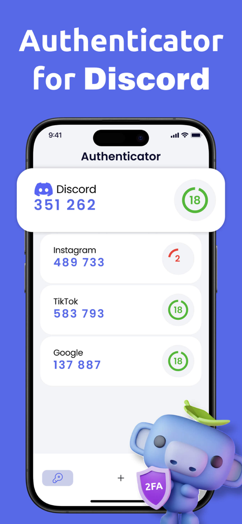 Authenticator for Discord - Authenticator for Discord app interface showing two factor authentication codes for multiple accounts