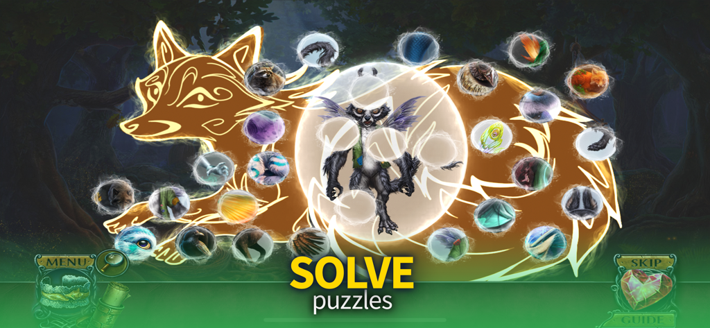 Una schermata di enigmi magici dal gioco Immortal Love Treasure con il contorno di una volpe dorata luminosa e creature fantastiche.