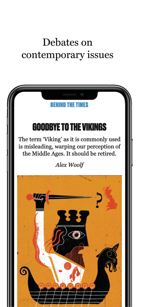 History Today Magazine app screen showing an article about Viking history debates
