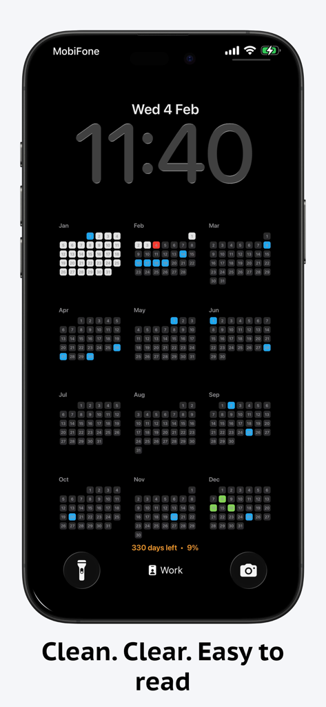 LockScreen Calendar Maker - Minimalist iPhone lock screen wallpaper featuring a full year calendar grid in dark mode