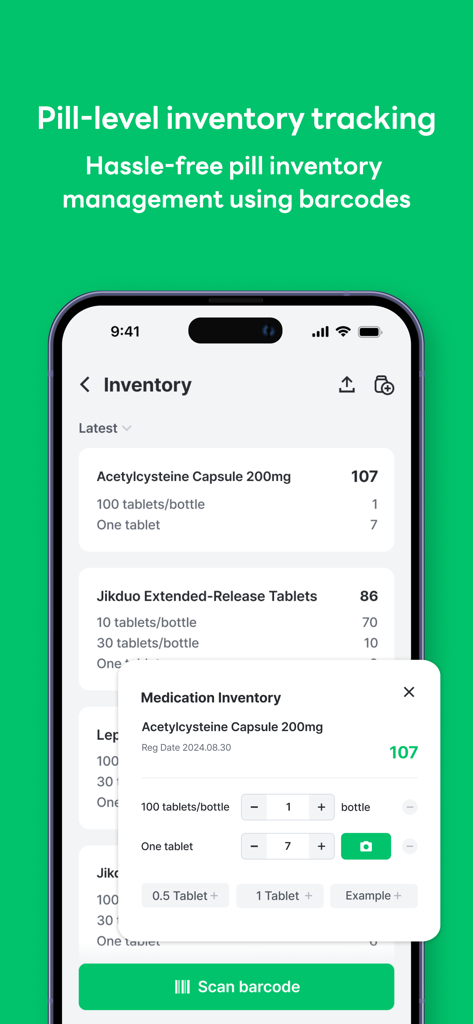PillEye – tablet, pill counter - Interface showing pill inventory management with medication list and barcode scanning button.