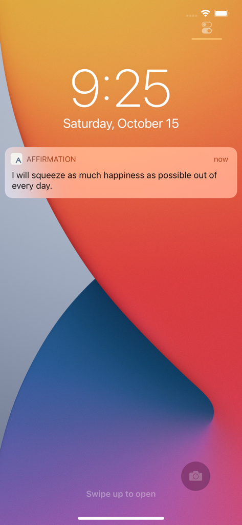 iPhone lock screen displaying a positive daily affirmation notification over a colorful aesthetic background
