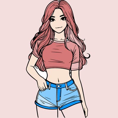 teenage girl with a crop top short shorts and long hair realistic