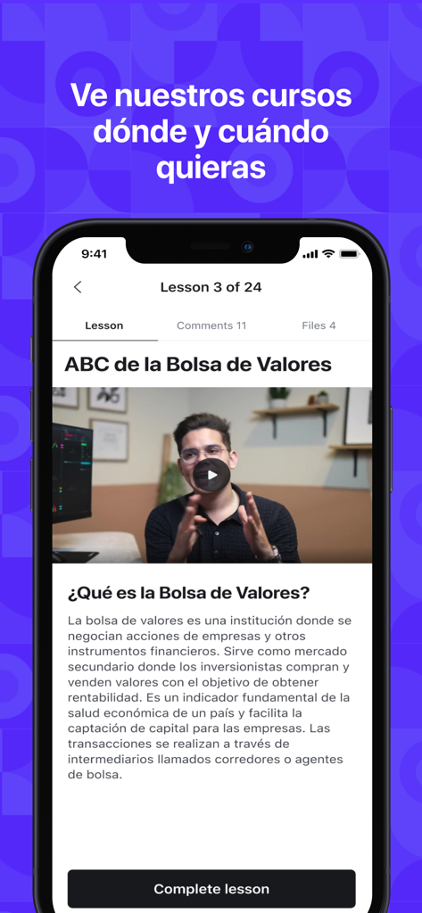 Tela de aplicativo móvel mostrando uma lição em vídeo em espanhol sobre o mercado de ações intitulada ABC de la Bolsa de Valores