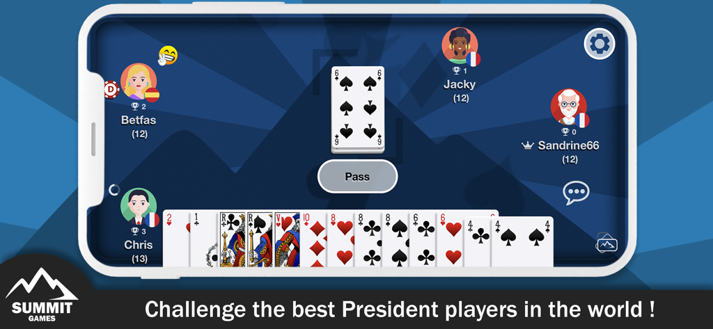 President online - Gameplay screenshot of President online card game showing multiple players and a hand of cards