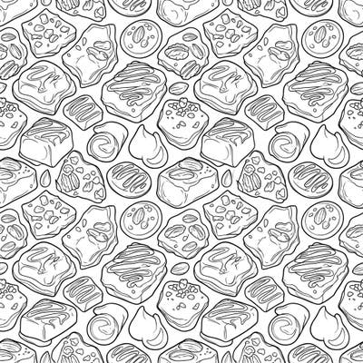 Dive into a delicious world with this seamless pattern featuring an array of delectable toffee and candy pieces. This repeating design offers endless coloring enjoyment for sweet treat enthusiasts.