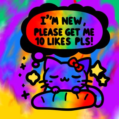 kitty taking a nap dream talking and saying "i'm new, please get me at least 10 likes pls!!"