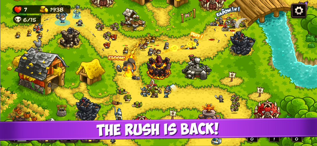 Kingdom Rush Vengeance tower defense battle scene with various towers and heroes on a map