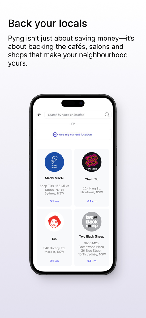 Mobile app interface showing a list of local businesses nearby for easy payments