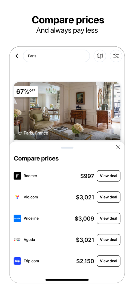 Price comparison interface in the Roomer app showing hotel deals in Paris with up to 67 percent off