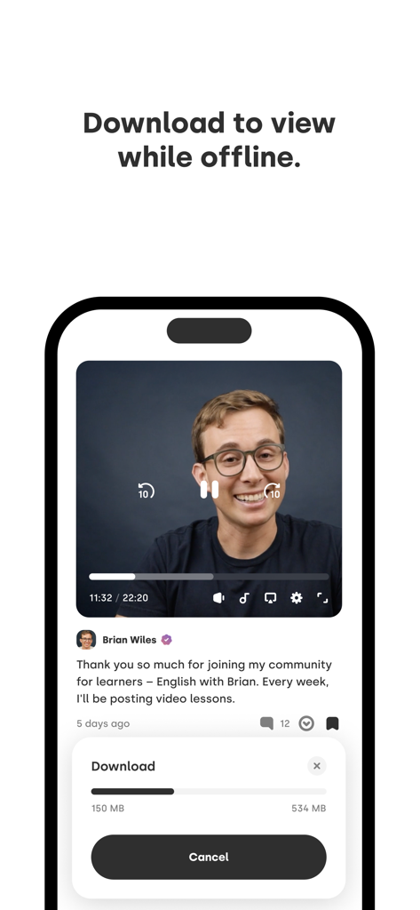 Herohero app interface showing a video being downloaded for offline viewing