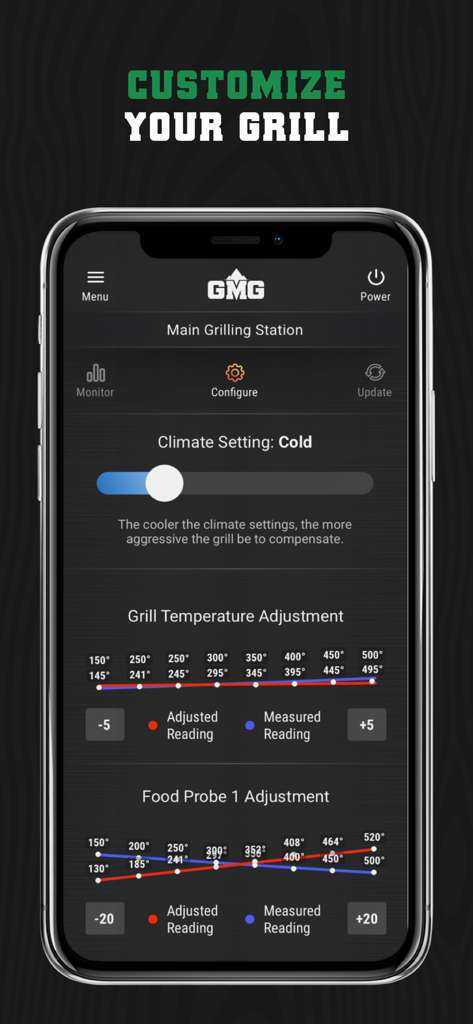 GMG Prime App - Ein Smartphone, das den Anpassungsbildschirm der GMG Prime App mit Graphen zur Anpassung von Grilltemperatur und Lebensmittel fühler zeigt.