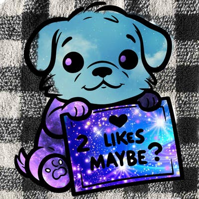 a puppy holding a sign that says 2 likes maybe?