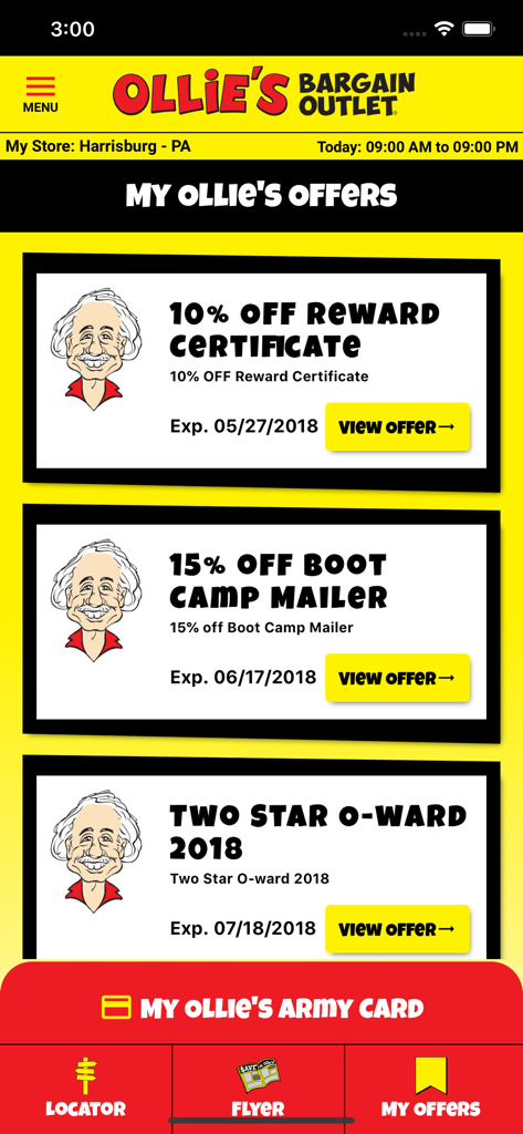 Ollie's Bargain Outlet, Inc - Écran de l'application Ollies Bargain Outlet montrant des certificats de récompense numériques et des offres de réduction comme 10 % et 15 % de réduction.