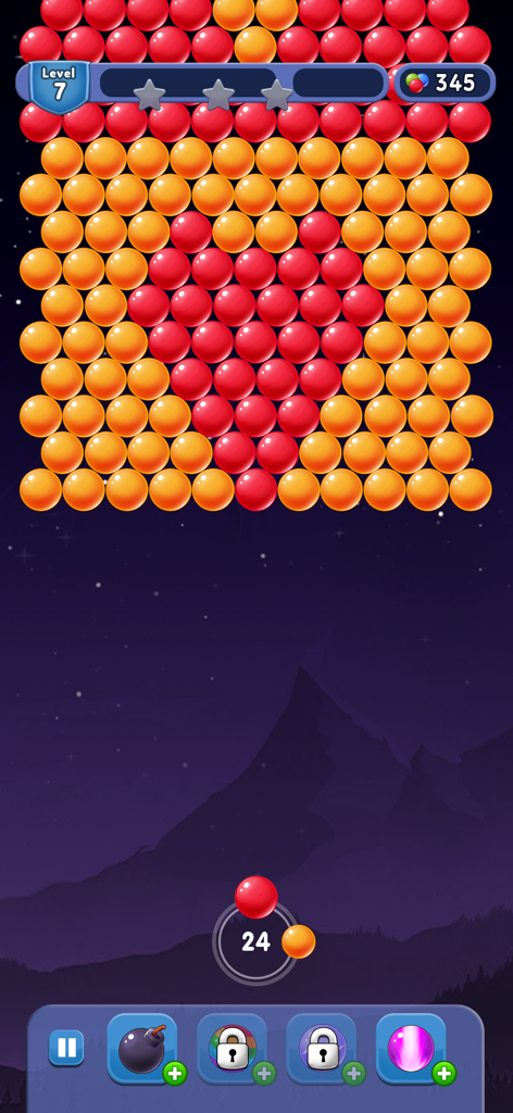 Bubble Pop Shooter Puzzle Game - Gameplay of Bubble Pop Shooter showing bubbles arranged in a red heart shape against a mountain night background