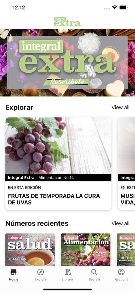 Interfaz de la app Integral Extra mostrando portadas de revistas de bienestar y nutrición natural.