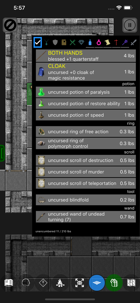 Pathos: Nethack Codex - Pathos Nethack Codexのインベントリ管理画面。様々なポーション、巻物、装備が表示されている