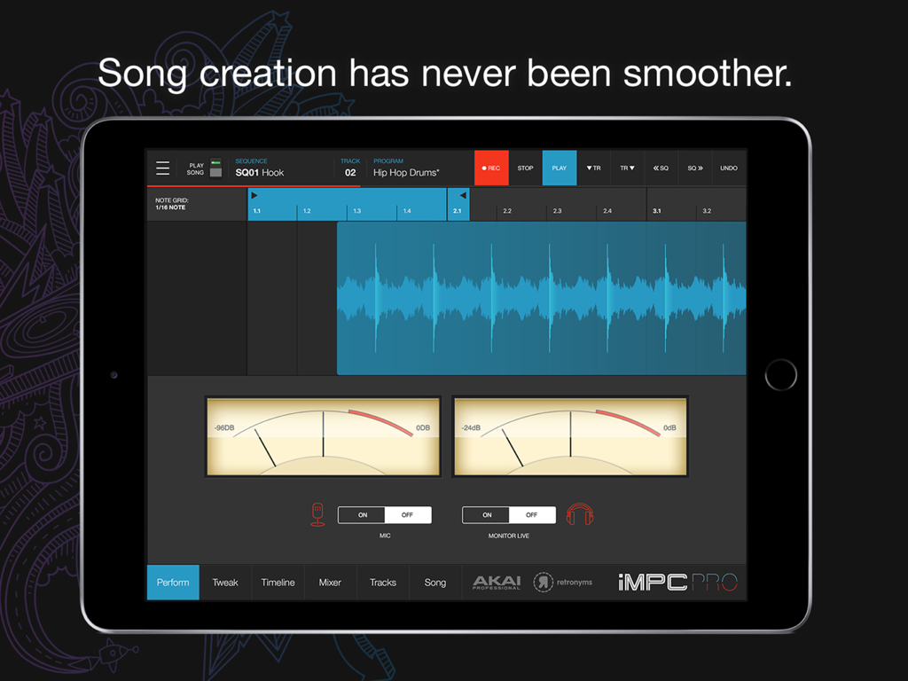 iMPC Pro 2 - Application de production musicale iMPC Pro 2 sur iPad affichant la forme d'onde de la piste audio et les contrôles d'enregistrement