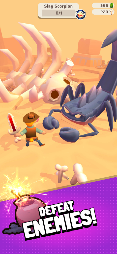 Survival Games - Questopia - 텍스트 '적을 물리치세요'와 함께 사막 환경에서 거대한 파란 전갈과 싸우는 영웅 캐릭터