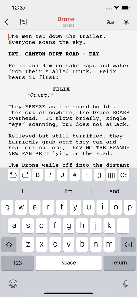 Slugline: Simply Screenwriting - Slugline mobile app displaying a screenplay draft with minimalist text editing tools