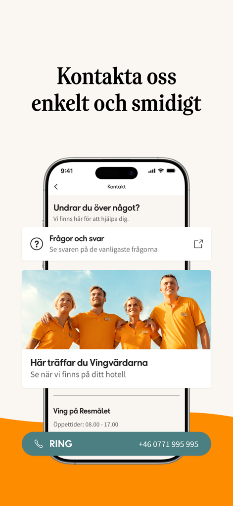 Écran de contact de l'application Ving Travel avec options d'assistance client et bouton d'appel téléphonique