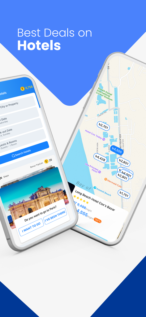 ShareTrip: Flight Shop Voucher - ShareTrip mobile app interface displaying hotel search features and a map view with pricing for local hotels.